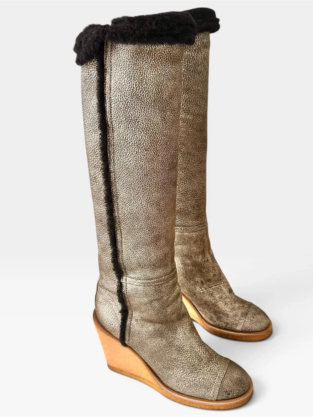 Chanel Karl Lagerfeld Rare Distressed Metallic Sheepskin Shearling Wedge Boot 40